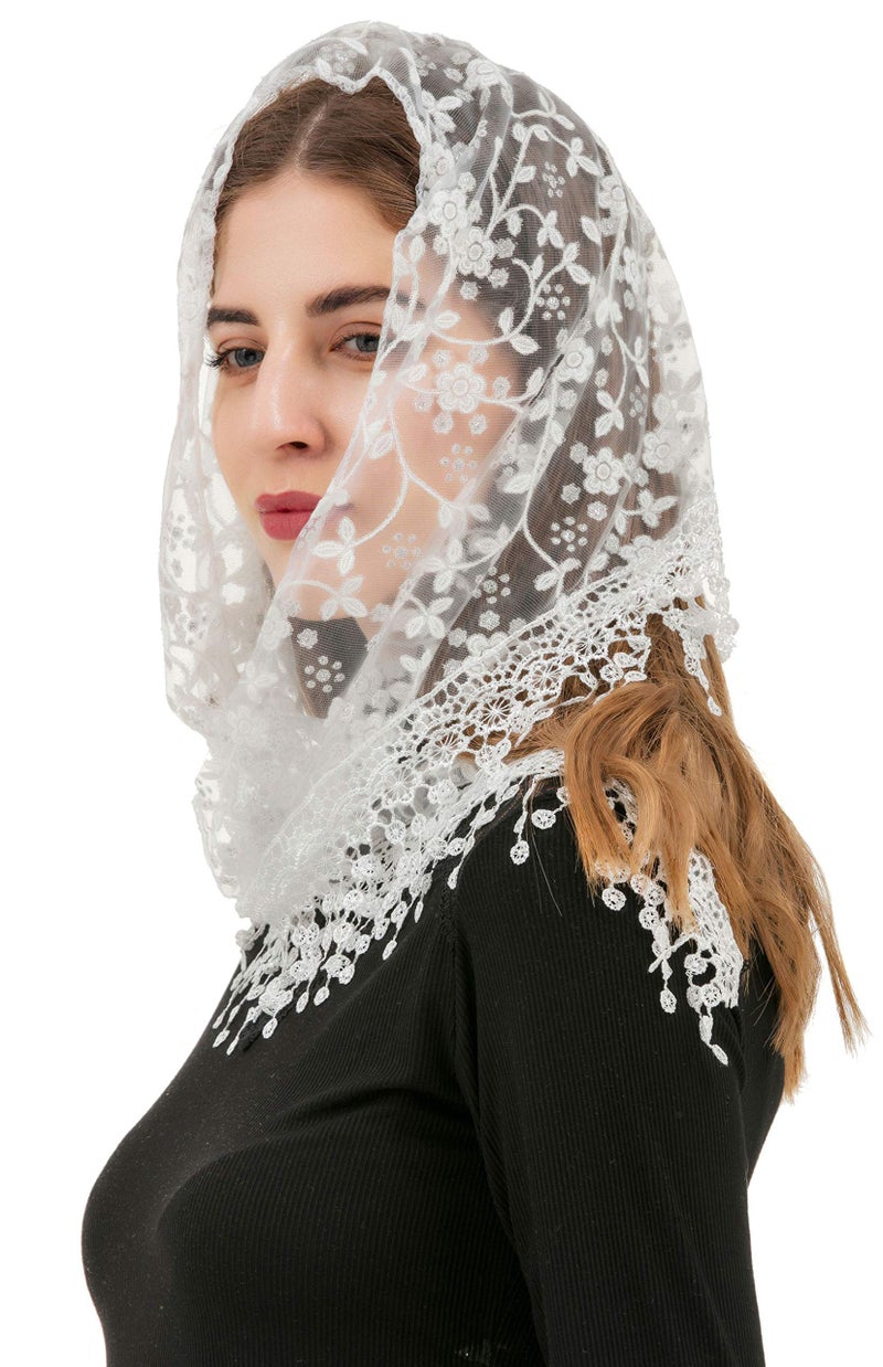 PAMOR Triangle Lace Veil Mantilla Cathedral Head Covering Chapel Veil for Mass Wedding Bridesmaids (White) - Image 2